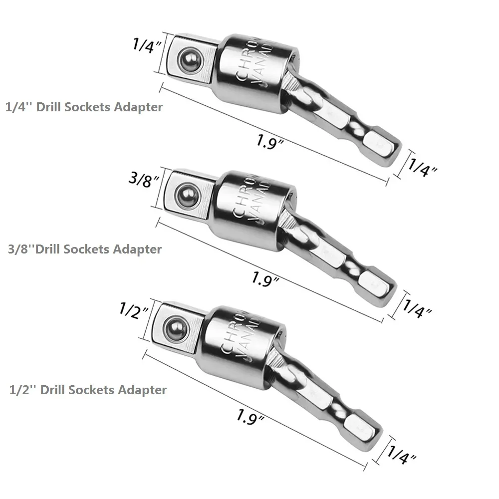 Hex Shank Extension Socket Drill Bit Steel Power Drill Socket Adapter Rotatable Adaptor Set 1/4\'\' 3/8\'\' 1/2\'\' Screwdriver Tool