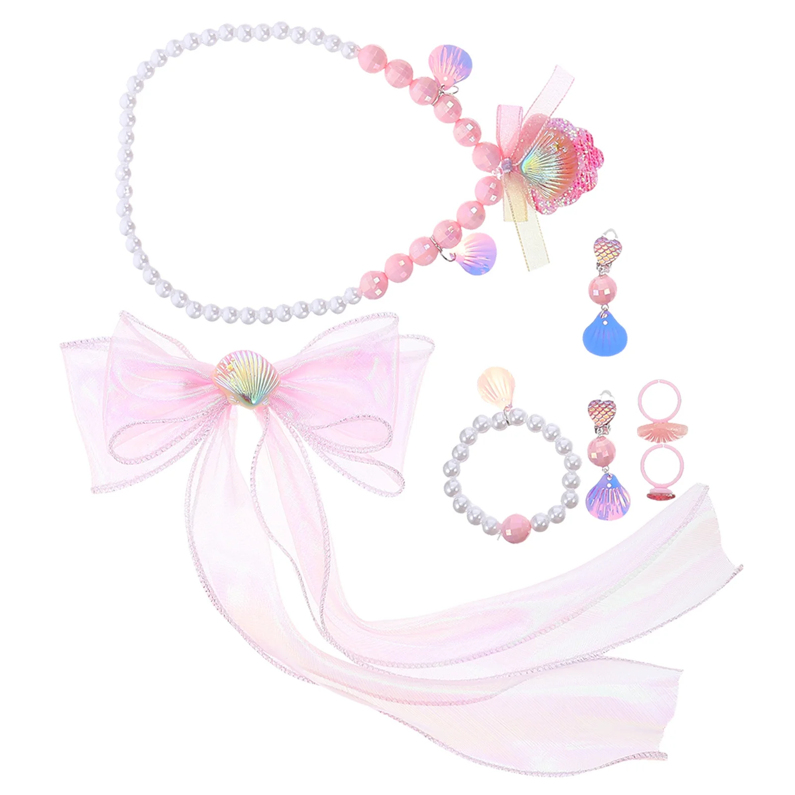 

1Set Kids Jewelry Mermaid Princess Jewelry Shell Necklace Pearl Bracelet Earrings Bow Hair Clips for Girls Birthday Dress Up