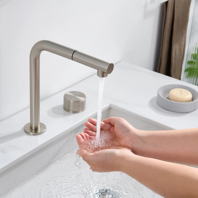 Split type pull-out faucet, hot and cold water surface basin, wash basin, minimalist double hole rotatable