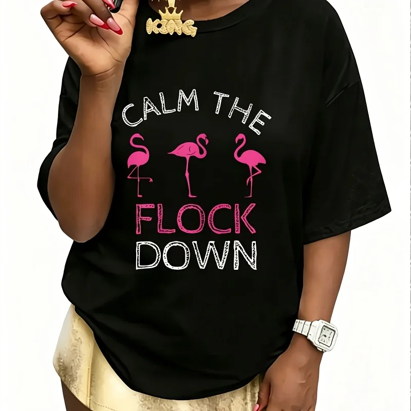 Funny Flamingo Summer Calm down Women's 100% Cotton T-Shirt Fun Print Short Sleeve Top Casual Round Neck Tee S-5Xl