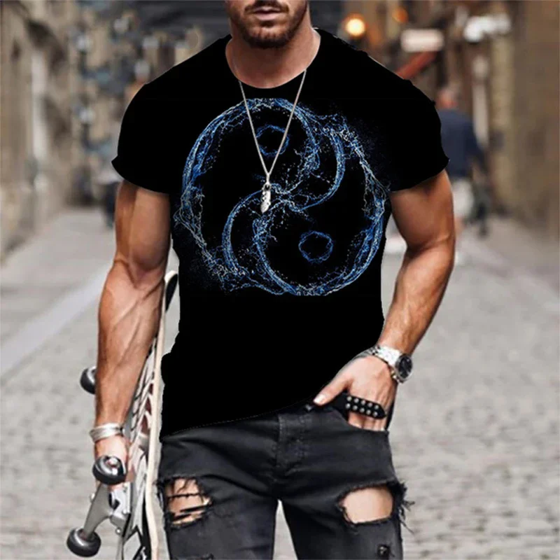 3D Tai Chi Yin Yang Printed Men\'s T-shirt, Street Fashion Personality, Interesting Vintage Summer Round Neck Plus Shirt