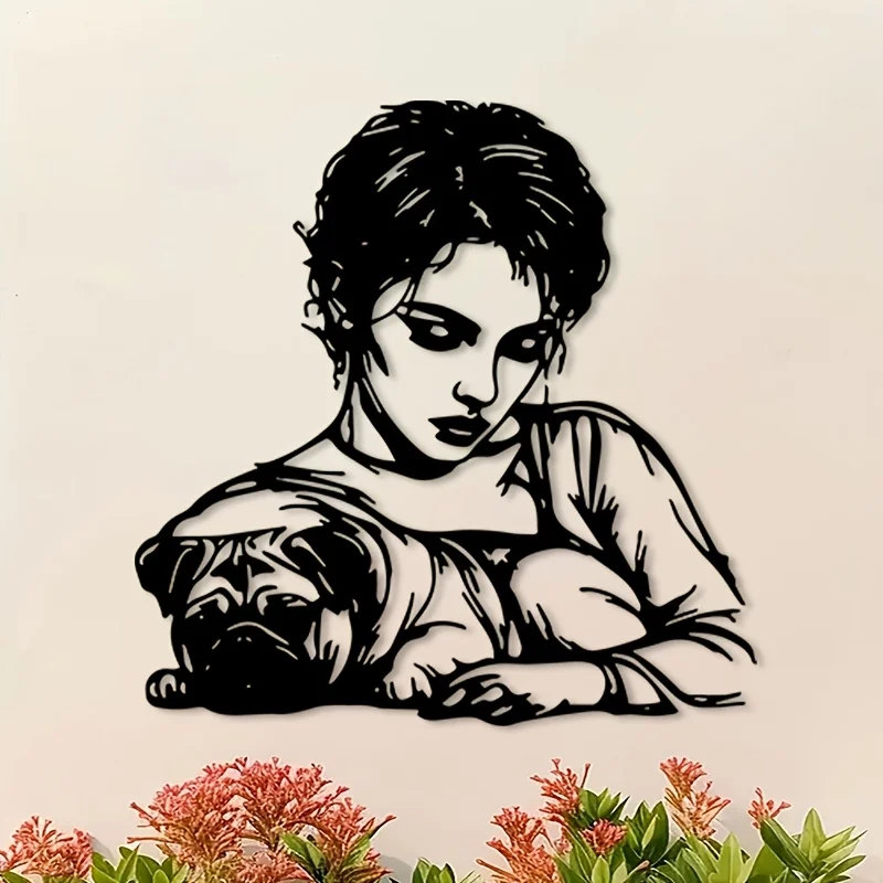 Woman Pug Metal Wall Art Iron Pet Sculpture Living Room Office Hanging Mural Artistic Christmas Valentine Animal Lover Gift