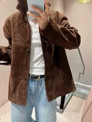 Fashion Women Belt Suede Jacket Single Button Long Sleeve Crop Coat Casual Brown Lapel Pocket Suede Leather Jacket 2024 Outwear