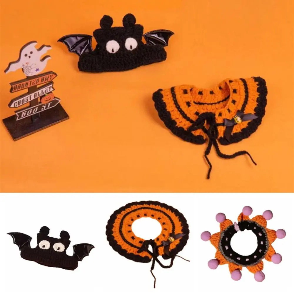 

Cartoon Pet Halloween Costume Bat Wings Handmade Knitted Halloween Cat Collar Hand-Woven Pumpkin Scarf Halloween Dog Collar