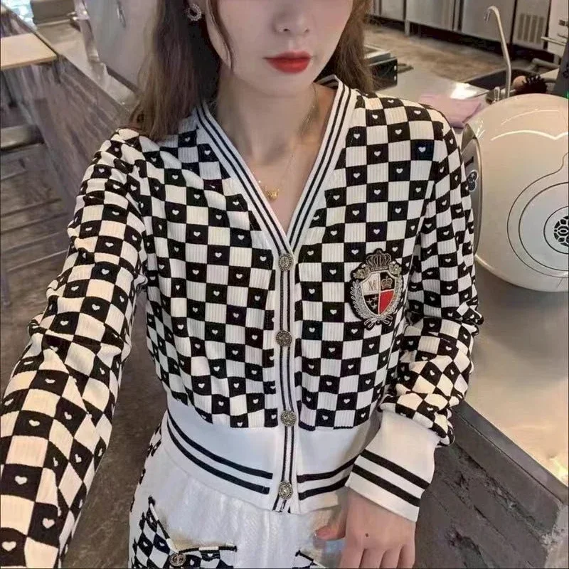 Korean Fashion Black and White Checkered Pants Sets for Women Autumn2023 Y2k Vintage V-neck Long Sleeve Tops+Wide Leg Pants Suit