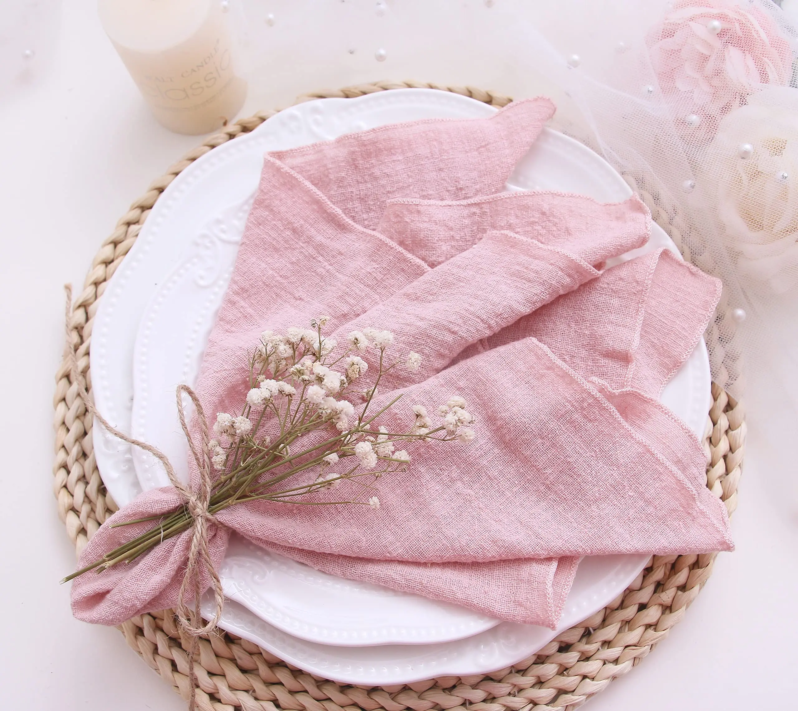 

Set of10 30x30cm Cotton Cloth Napkins Gauze Pink Reusable for Wedding Decor Dinner Tea Towel Table Village Napkins