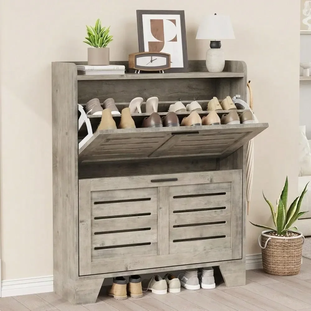 

Shoe Cabinet,Shoe Rack Organizer,Shoe Storage Cabinet With 2 Flip Drawers,Freestanding Hidden Slim Shoe Organizer Cabinet With
