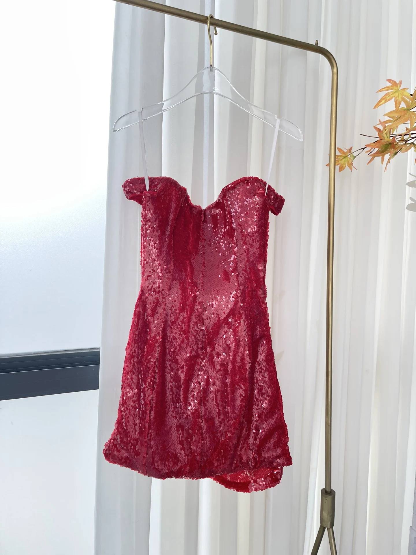

2025 New Red Sequins Off the Shoulder Ruched Women's Mini Dress for Party