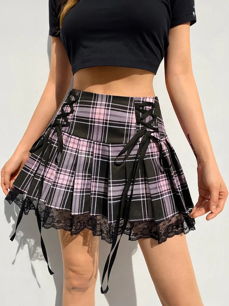 تنورة منقوشة على الطراز القوطي مع شريط برباط علوي من الدانتيل تنورة قصيرة ذات ثنيات عالية الخصر للسيدات تنورة قصيرة للفتيات الإلكترونية Alt Y2K Grunge