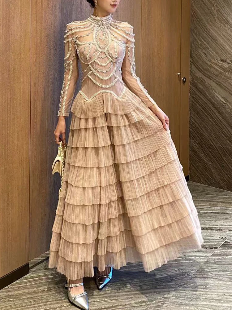 TWOTWINSTYLE Hit Color Patchwork Diamonds Evening Party Dress For Women O Neck Long Sleeve Spliced Ruffles Midi Dress Female New