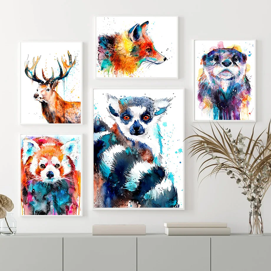 Watercolor Raccoon Grizzly Otter Lemur Rabbit Wall Art Canvas Painting Home Bedroom Room Decor Home Decor Wall Decor