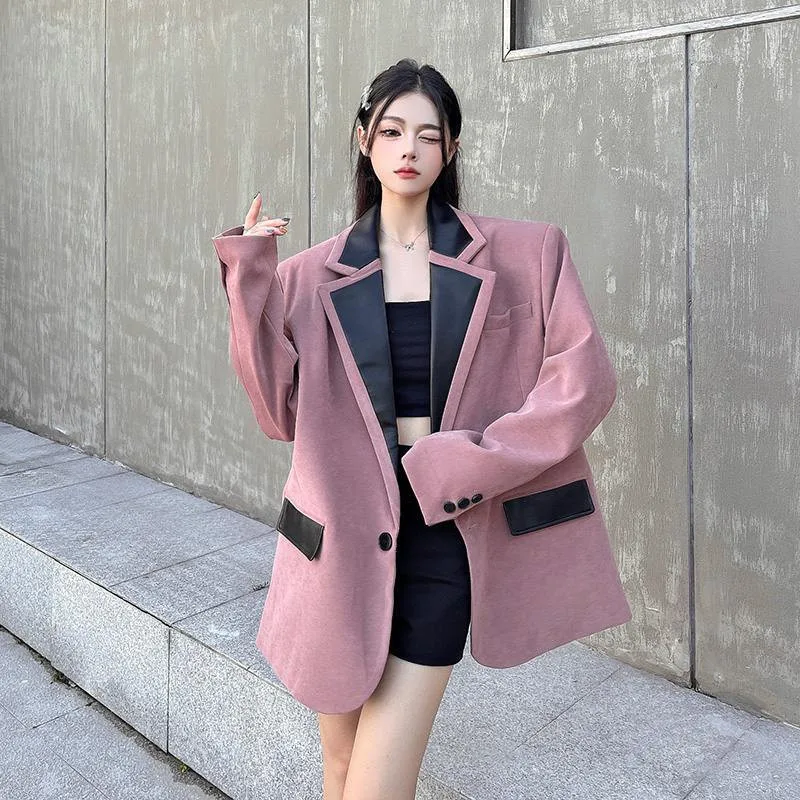 Primavera outono nova casual couro do plutônio emenda terno jaqueta feminina moda couros blazer casaco feminino solto outerwear maré b1320