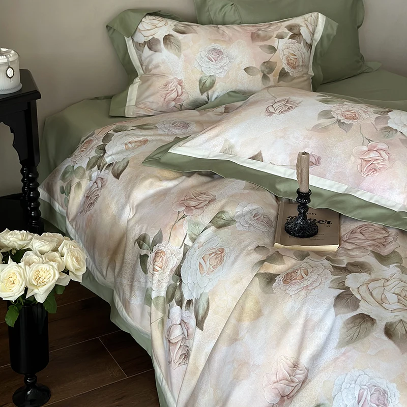 1000TC Egyptian Cotton Vintage French Rose Flower Print Bedding Set Duvet Cover Bed Sheet/Fitted Sheet Pillowcases Home Textiles