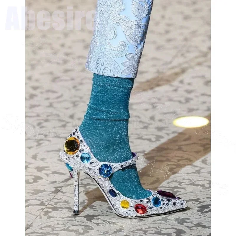 Colorful Crystal Silver Pointy Toe Pumps Hook and Loop Fastener Women Shoes Thin High Heels Party Feast 2025 Zapatos Para Mujere