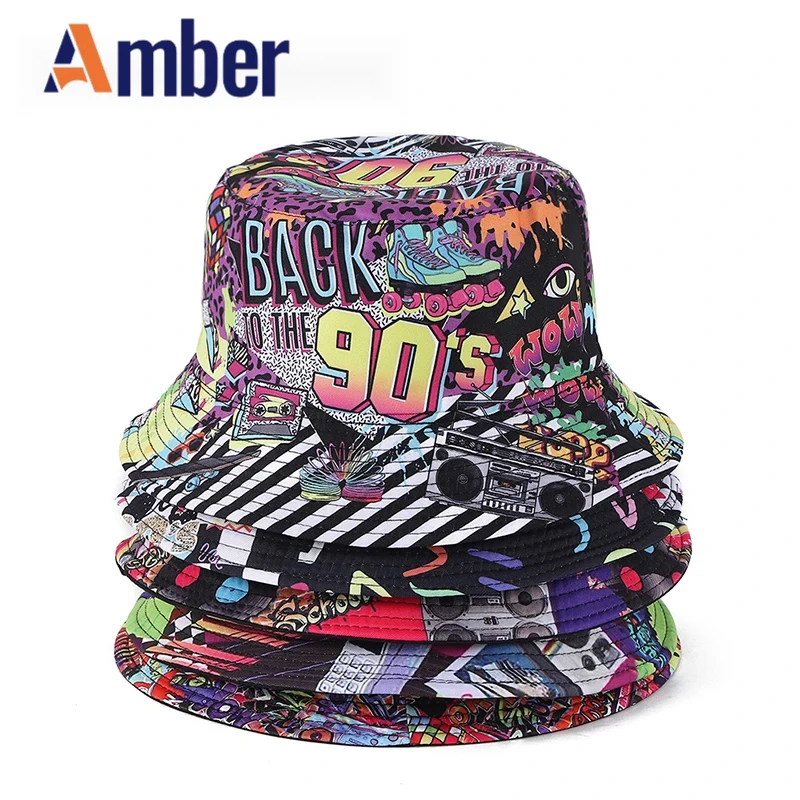 

Amber vintage pattern bucket hat 80s 90s fisherman hats printing Panama cap for men women unisex double sides sunscreen Street