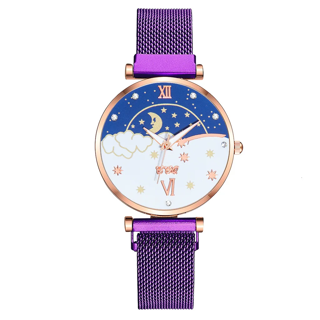 Tendencia De Mujer 2023 السيدات شخصية حزام من الجلد ساعة موضة جديدة الشمس القمر ستار حجر الراين ساعة ساعة امرأة عادية