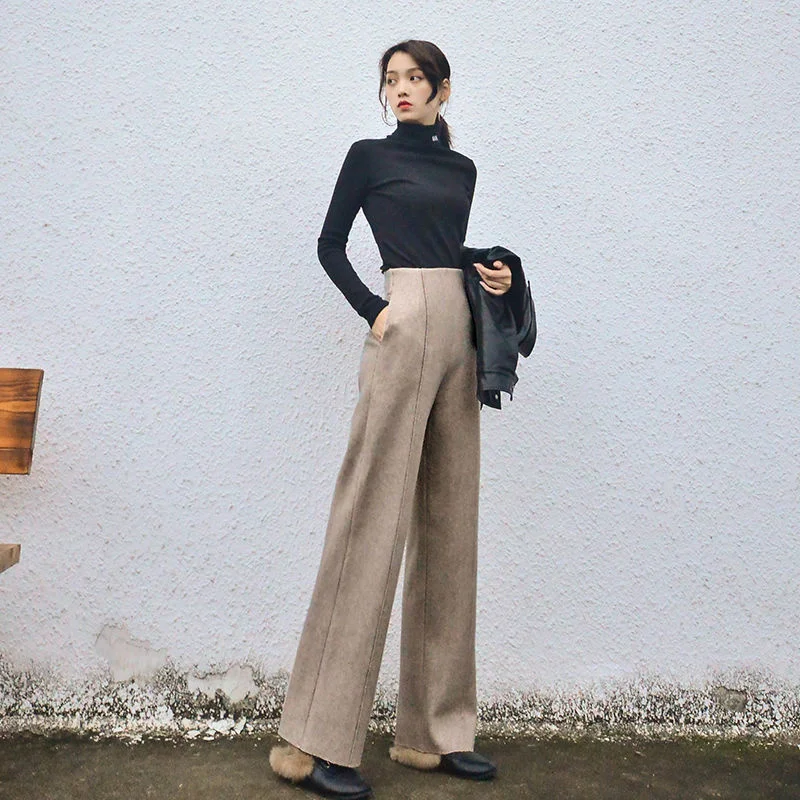 Autumn Winter Super High Waist Wool Blend Womens Pants 2025 New Loose Female Straight Trousers Korean Versatile Lady Pants