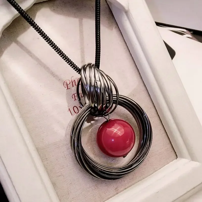 Red White Pearl Ball Pendant Long Necklaces New Circles Simulated Women Black Chain Maxi Necklace Fashion Jewelry Wholesale Gift