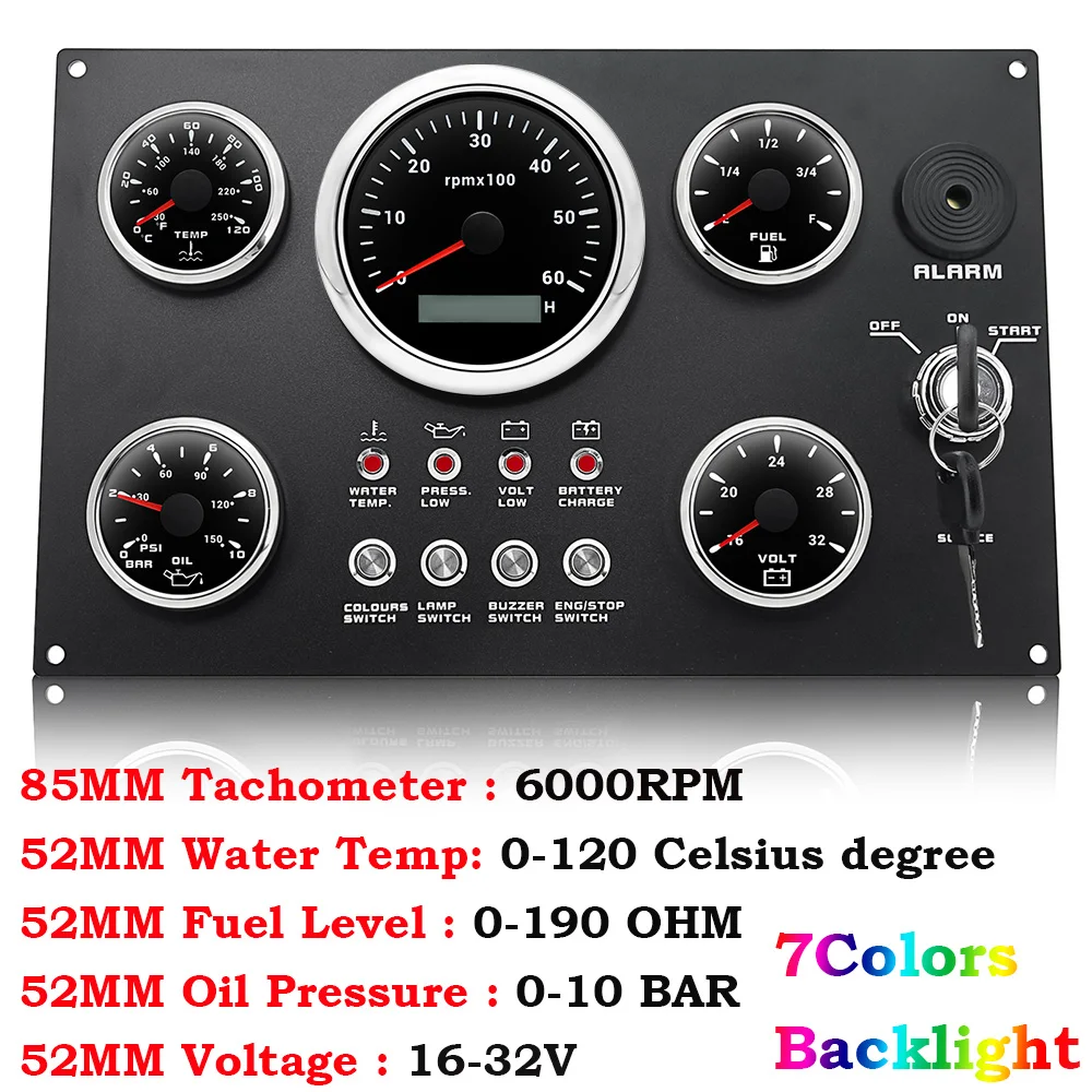 Boot Dashboard 5 Gauge Set Schakelpaneel 85mm Toerenteller 3000 rpm-8000 rpm + 52mm Voltmeter Oliepers Brandstofniveaumeter Aangepast