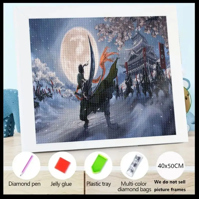 

1PC 5D Full Drill Diamond Painting Kit, DIY Japanese Samurai Warrior Under Full Moon & Cherry Blossom Night Scene Diamond Art, A