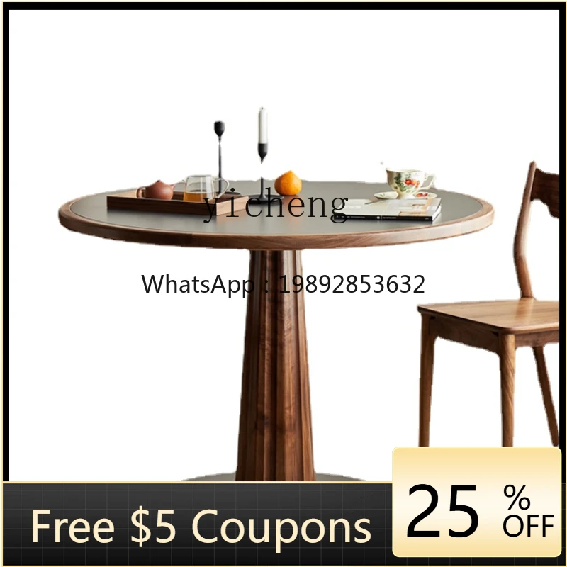 

ZZ Black Walnut Stone Plate round Table Solid Wood Dining Table Waterproof and Hard-Wearing Scratch-Resistant Small Apartment