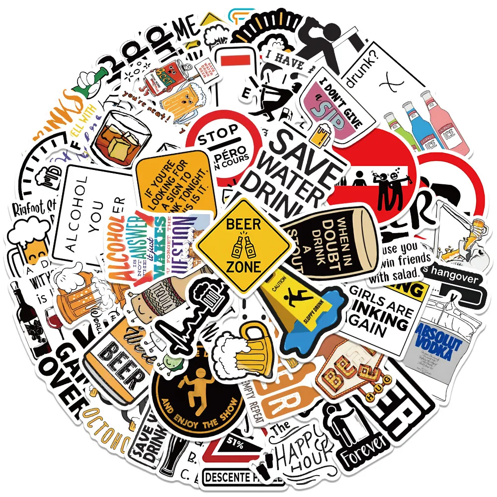 50pcs Funny Cartoon Alcoholism Beer Stickers Laptop Water Bottle Waterproof Graffiti Luggage Guitar Skateboard Vinyl Decals