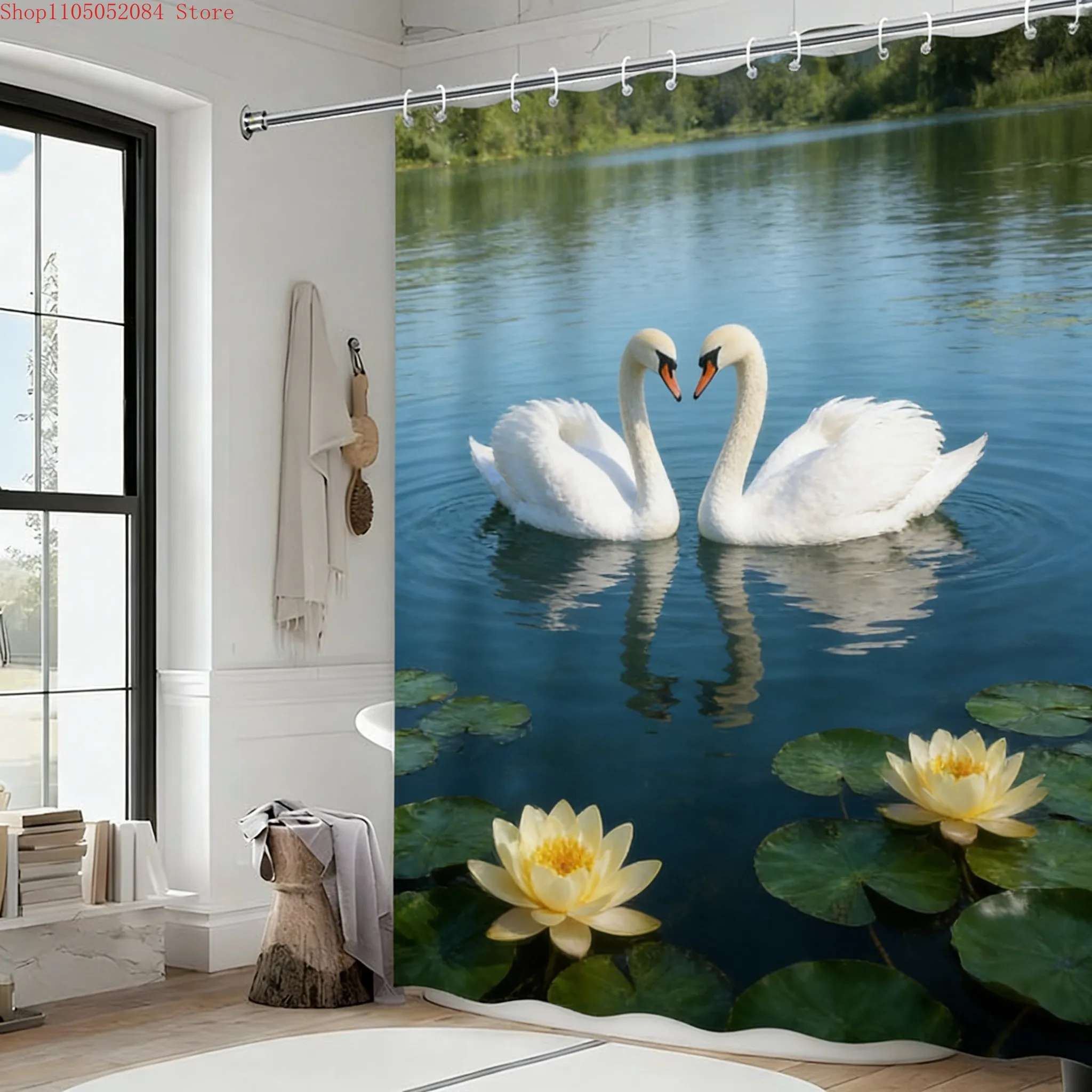 Red Bird at Sunset Lake Wetland Waterproof Shower Curtain for Tropical Bathroom Decor  multiple sizes