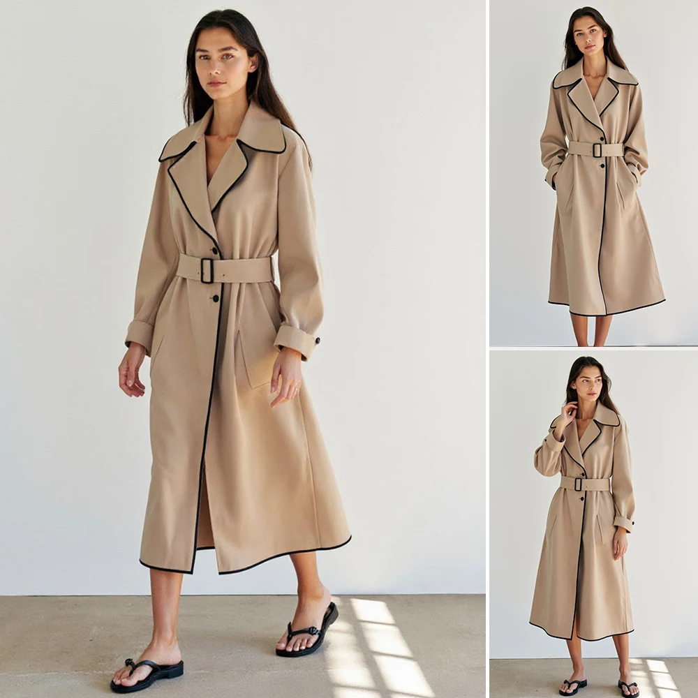 

Mia Muse Boutique, осенний плащ, 2025 г., женский плащ с завязкой на талии, длинный рукав, шаль, воротник, карманы, базовый длинный плащ