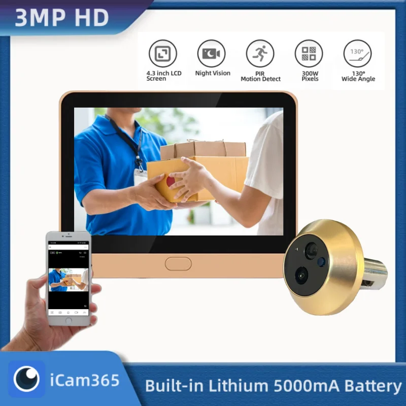 3MP iCam365เดียวการรักษาความปลอดภัยในบ้านกล้องวิดีโอตาแมวที่ประตูบ้าน2.4G กล้องดิจิตอลช่องตาแมวไร้สาย Wi-Fi พร้อมจอ LCD