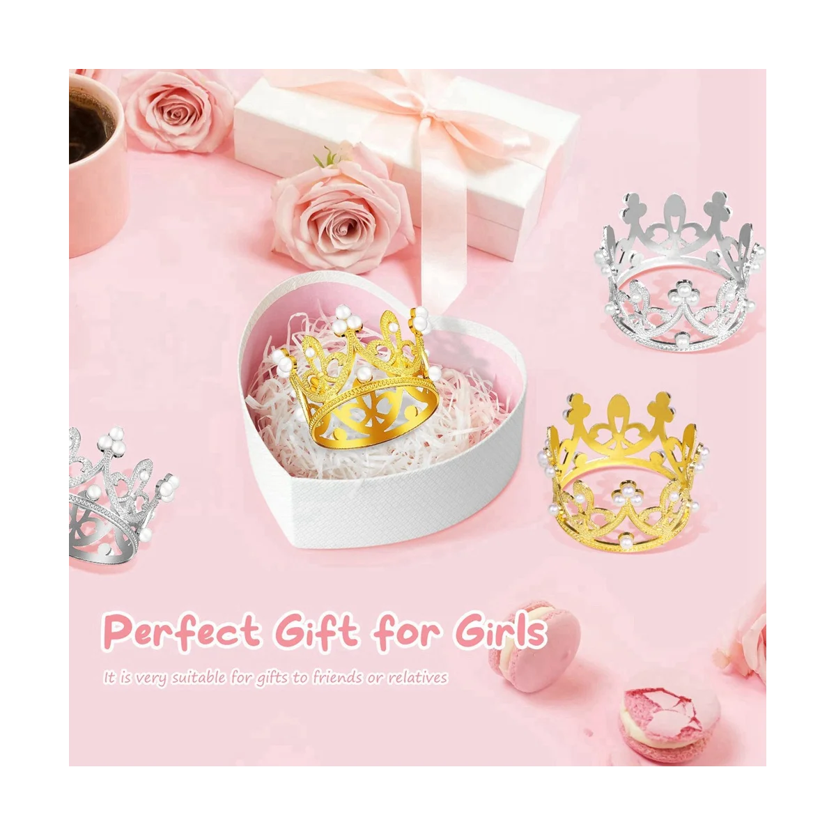 12 PCS Gold Silver Mini Crown Birthday Cake Topper with Pearl Decor Small Princess Headpiece Baby Crown Cake Decoration