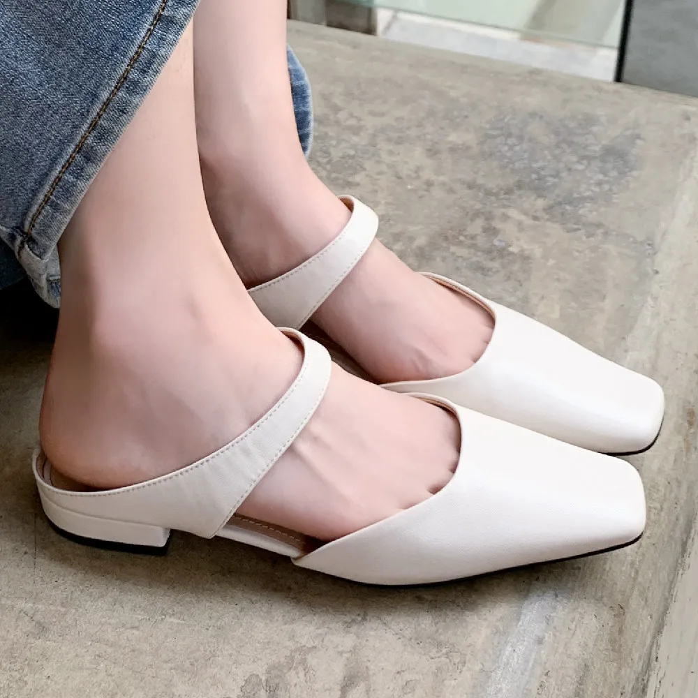 danxuefei plus size 34-42 women\'s genuine leather slip-on flats summer slides square toe casual female mules sandals shoes women