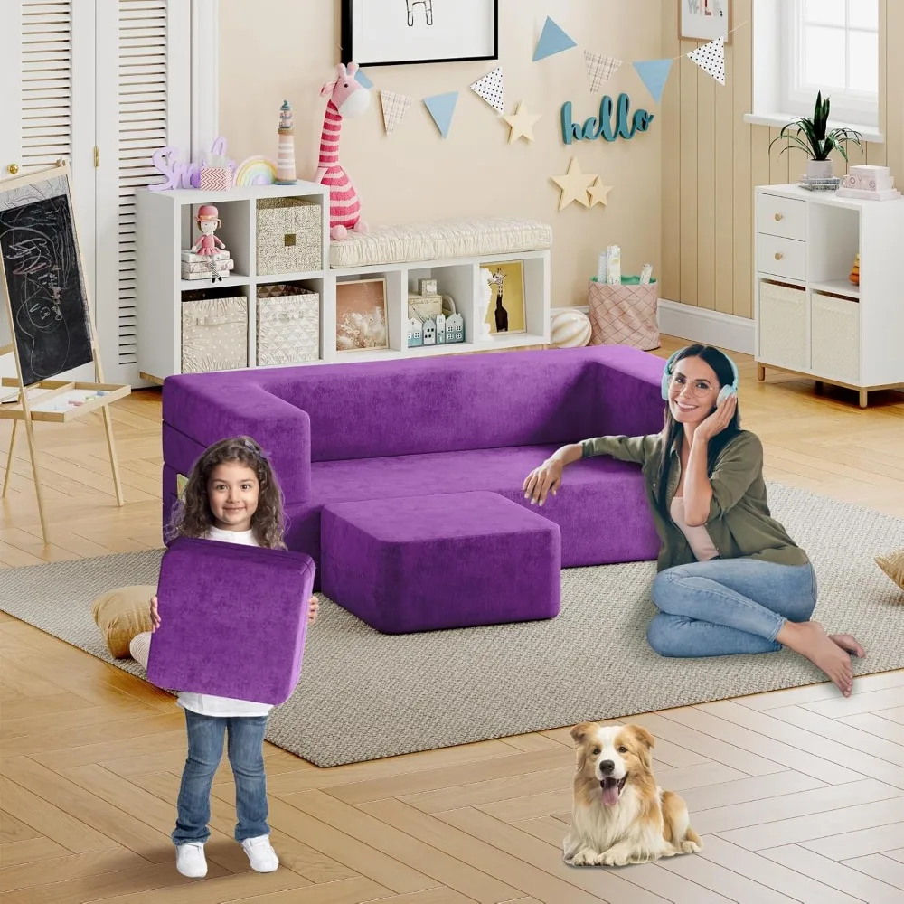 Kids sofa, modular sofa with washable and durable cover, foldable double sofa and two footstools, foldable lounge chair