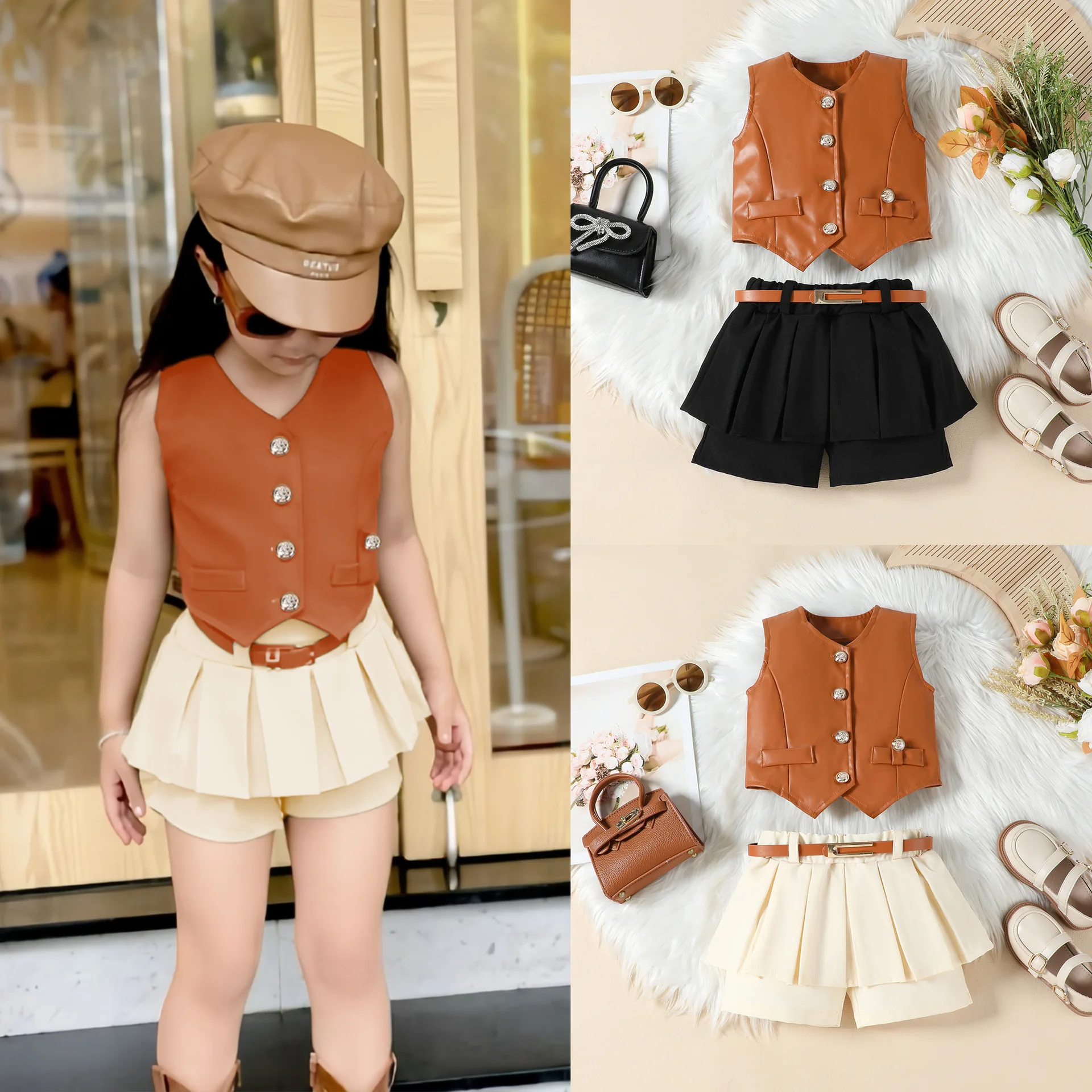 

Модный летний жилет из искусственной кожи с V-образным вырезом и поясом для девочек, комплект с короткими шортами, стильный детский наряд, детская одежда