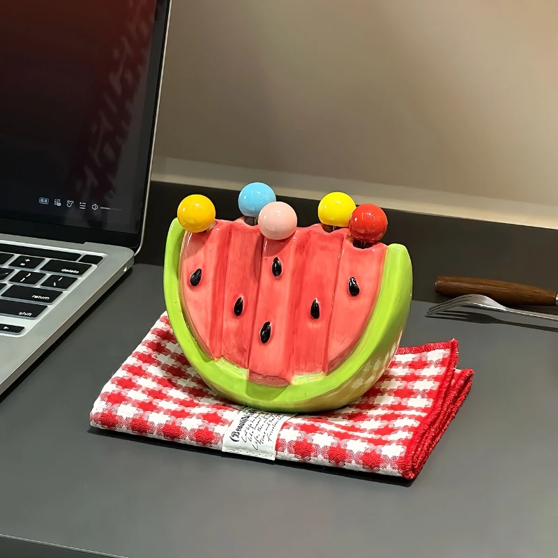 

Korean Style Cute Watermelon Shaped Fruit Fork Set Home Dessert Stainless Steel Fork Storage Can Children's Safety Fruit Label