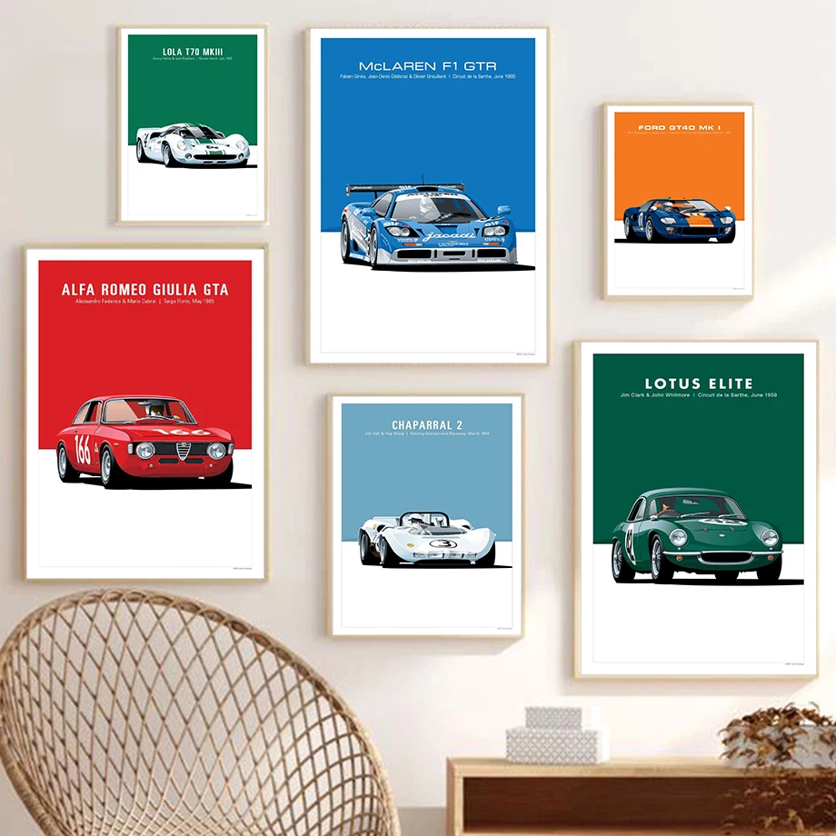 Vintage Racing Car Canvas Painting Classic Supercar Wall Art Retro Motorsport Poster Modern Automotive Art Garage Decor Gift