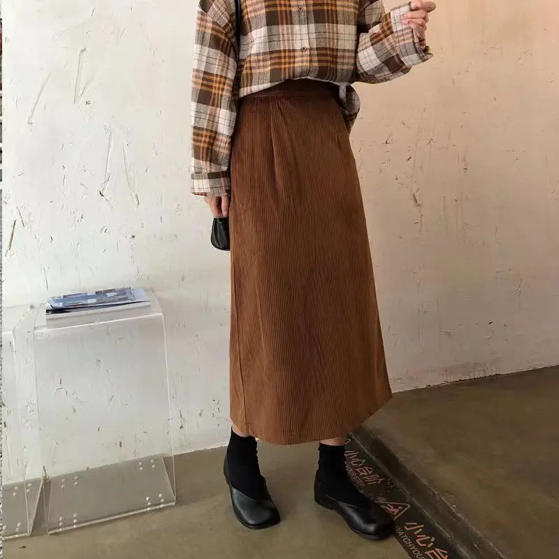 Corduroy Long Skirt Women Autumn High Waist Ruffles Midi Skirts Female Korean Fashion Elegant Elastic Solid A-Line Skirt