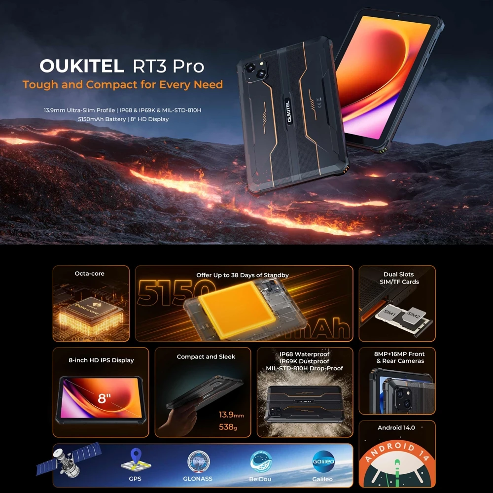 كمبيوتر لوحي OUKITEL RT3 Pro متين 4 جيجابايت + 128 جيجابايت 8.0 بوصة أندرويد 14 MediaTek G81 ثماني النواة 5150 مللي أمبير في الساعة 33 وات كمبيوتر لوحي