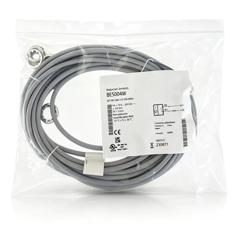 BES004W M12 Flat Inductive Proximity Sensor 3mm 2-Wire NO 5m Cable IP67 10-36VDC Brass Housing