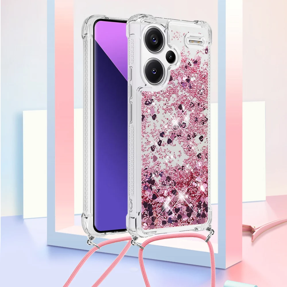 Crossbody Lanyard Necklace Strap Quicksand Case For Xiaomi Redmi Note 13 Pro 4g 5g Plus Poco X6 Glitter Shockproof Liquid Cover