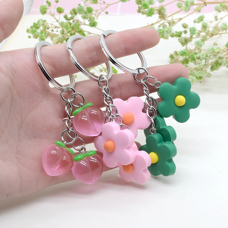 Resin Kawaii Flower Peach Keychains Key Ring For Women Gift Romantic Sun Floral Plant Fruit Phone Bag Box Car Holder Accessories