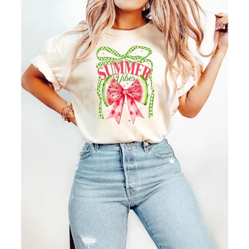 Cute Summer Vibes Watermelon Bow Print T-Shirt Coquette Watercolor Fruit Tee Casual Loose Fit Short Sleeve Tops for Women