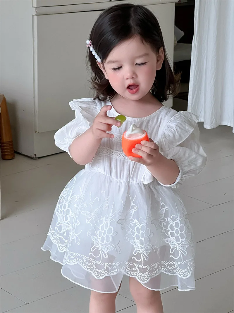 

Baby Girl Dress Summer Thin Summer Baby Dress 3-24M Embroidered Flower Butterfly Girls Lace Bodysuit Toddler Outwear One Piece