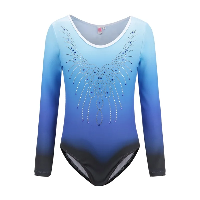 Girls Long Sleeve Diamonds Ballet Leotard Highlights Gradient Color Body Suit Gymnastics Dance Practice Bodysuit