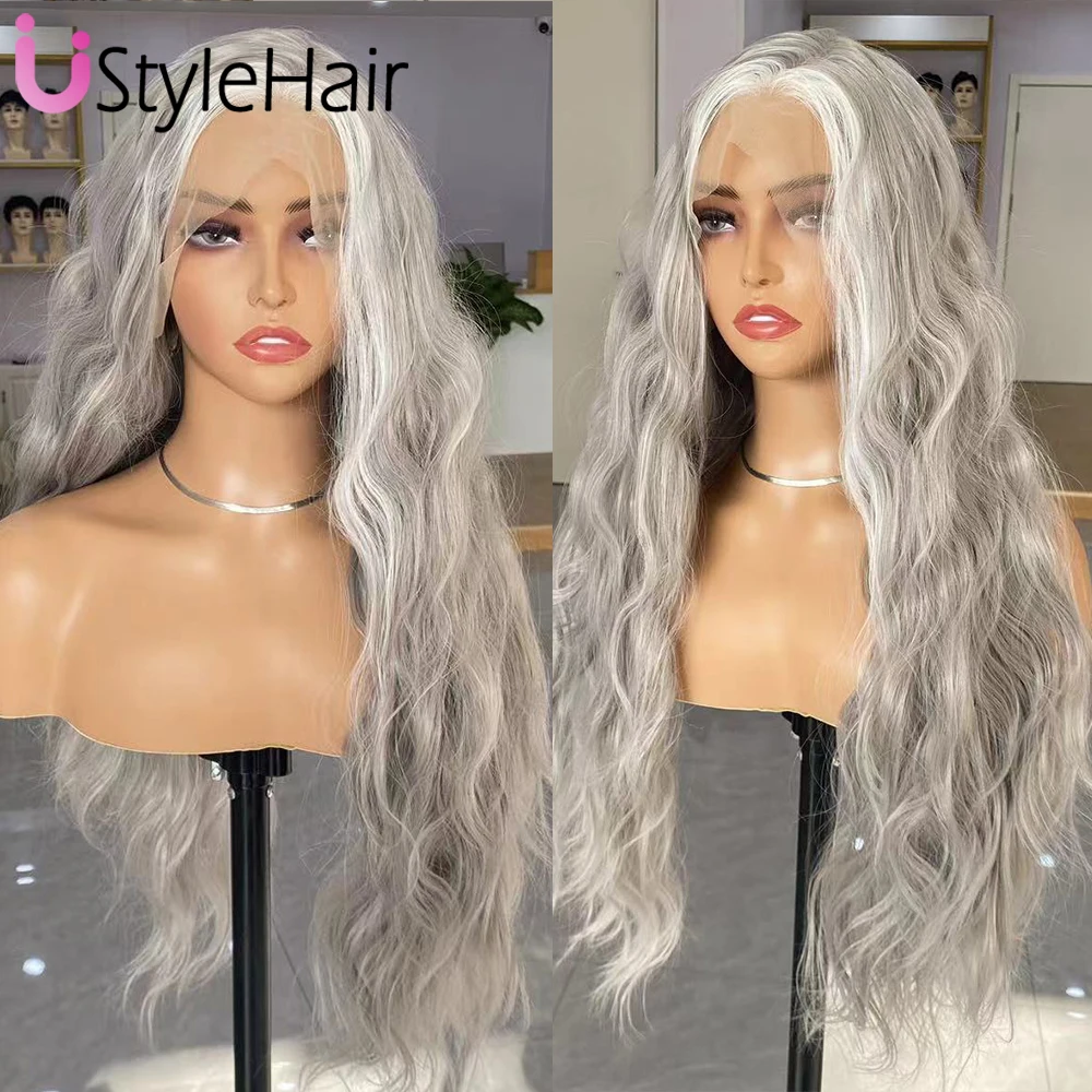 شعر مستعار من UStyleHair فضي مجعد فضفاض مع الضوء الأبيض ، شعر مستعار طويل بدانتيل أمامي اصطناعي ، خط شعر طبيعي ، استخدام يومي ، تأثيري