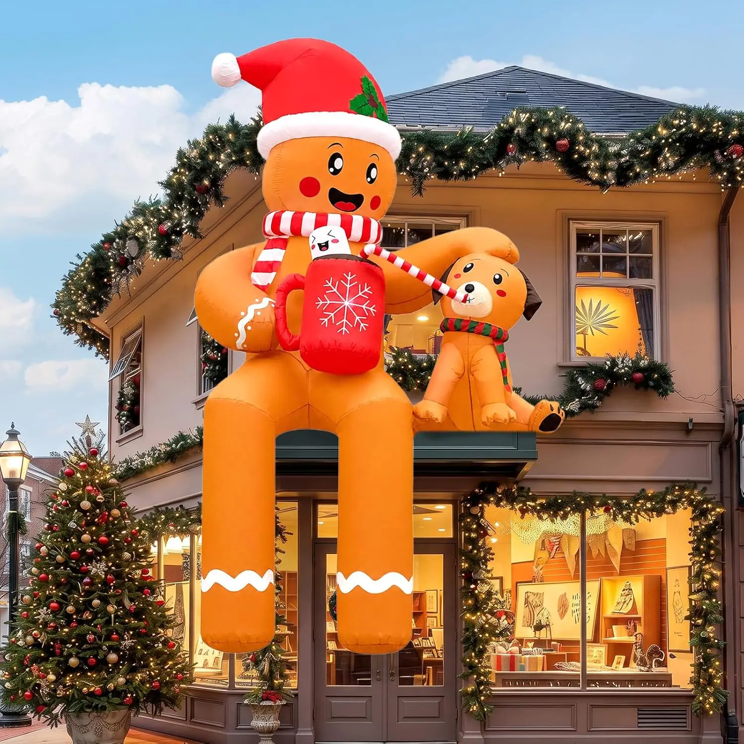 16FT Christmas Outdoor Inflatable Decoration, Seated Gingerbread Man Including Dog and Cup