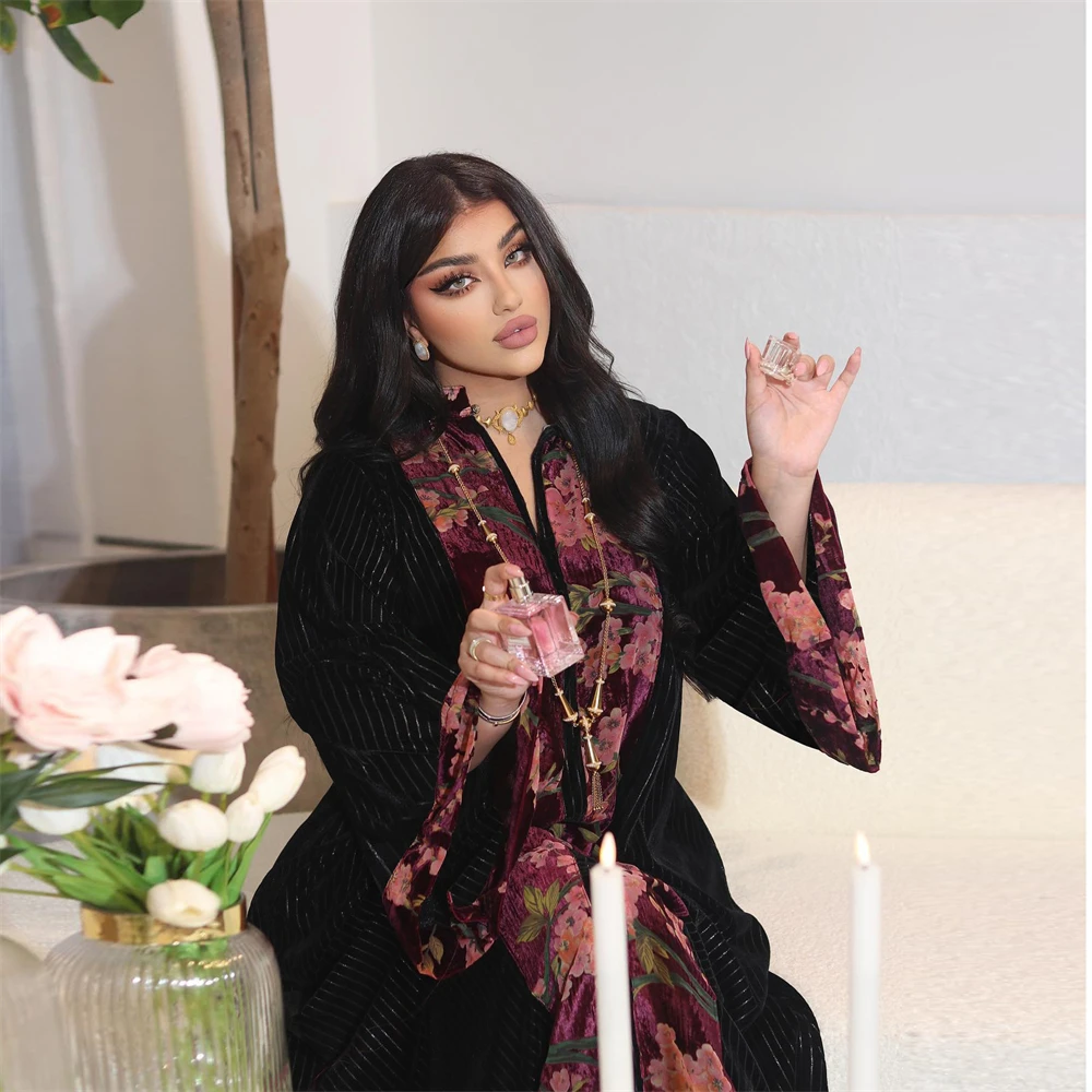 Eid Mubarak Fluwelen Warme Abaya Moslimvrouwen Lange Jurk Turkije Kaftan Arabische Islam Kleding Avond Dubai Gewaad Marokko Jalabiya Jurk