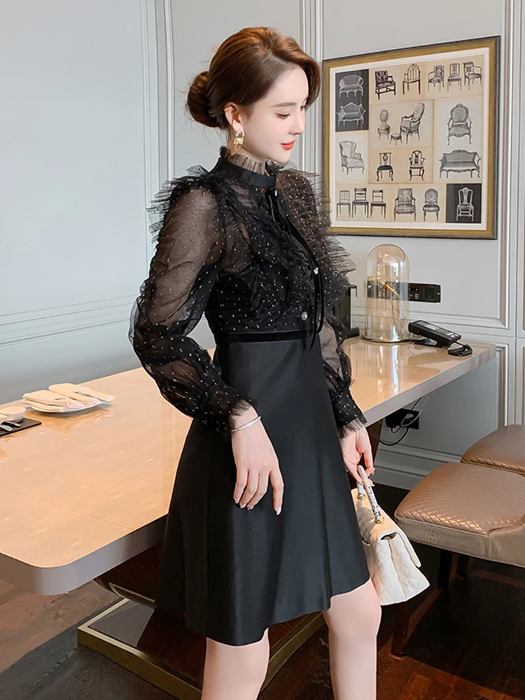 Moda feminina ol vintage suporte pescoço puff manga mini vestido de festa elegante temperamento malha perspectiva lantejoulas preto vestido feminino