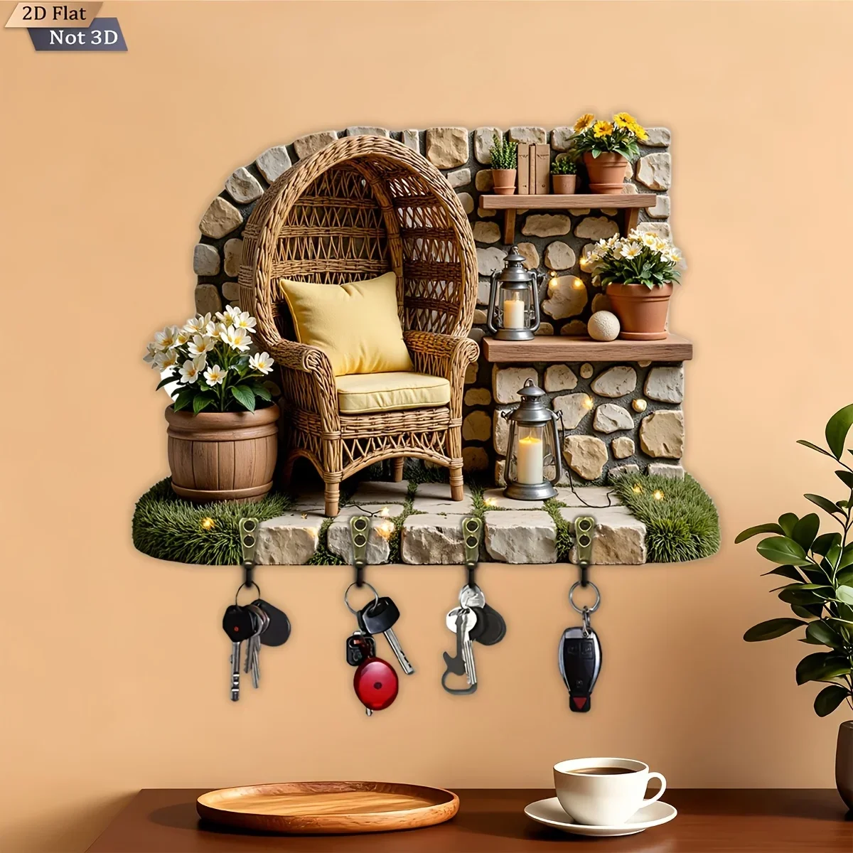 2D Flat, 1pc, Rattan Weaving Pastoral Style Key Hook Wooden Multifunctional Home Key Rack, with Four Metal Hooks, Wall