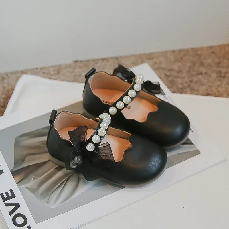 

Sweet Pearls Bow Kids Princess Shoes Children's Soft Soled Versatile Leather Shoes Spring 2024 New Round-toe Platform Girls Flat