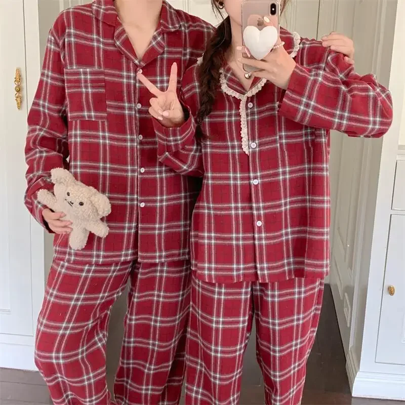 100% Katoenen Koreaanse Kerstpaar Nachtkleding Vrouwen Schattige Kant Rode Geruite Pyjama Set Herfst Winter Zachte Warme Broek Nachtkleding S438